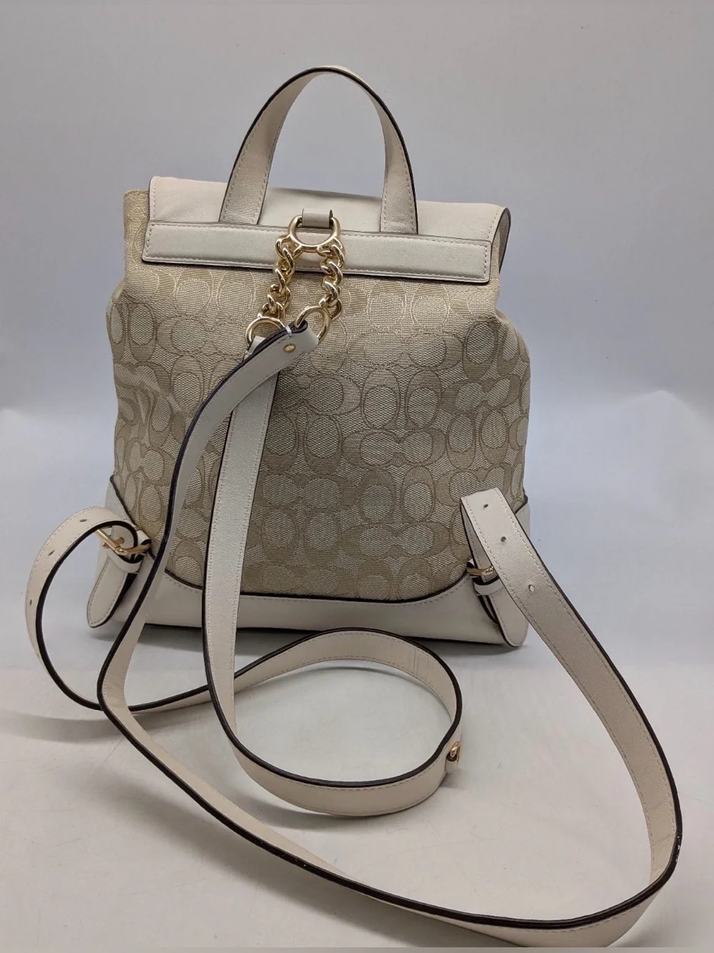 Auth COACH Signature Jacquard Khaki/Cream Canvas & Leather ELLE Backpack F73313